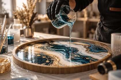 Pouring blue and gold resin to create handmade resin art